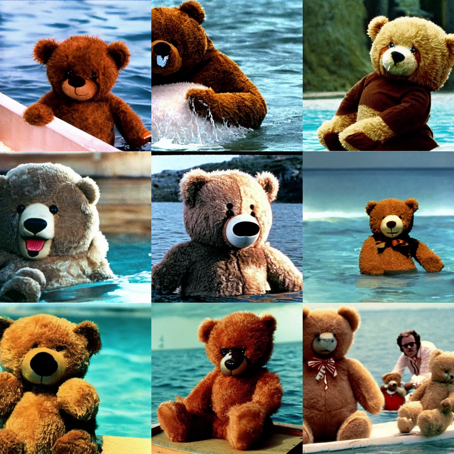 Prompt: Teddy Bear in Jaws 1975, still image