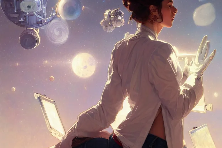 Prompt: Sensuous good looking pale young Spanish doctors wearing jeans in a space station above Earth, portrait, elegant, intricate, digital painting, artstation, concept art, smooth, sharp focus, illustration, art by artgerm and greg rutkowski and alphonse mucha