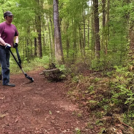 Prompt: trail cam footage of someone vacuuming a trail