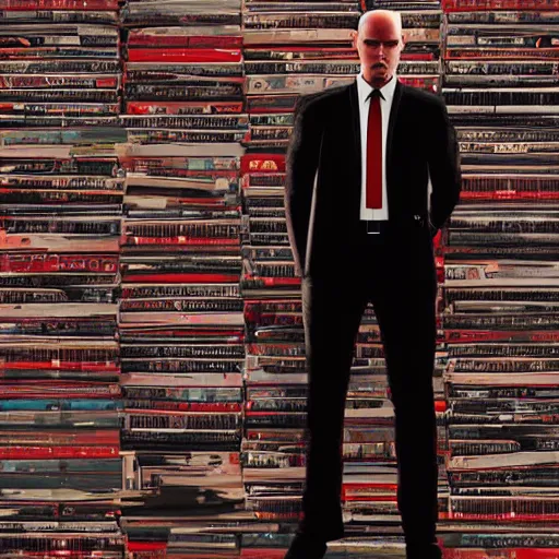 Prompt: a portrait of agent 4 7 from hitman wearing headphones, standing in front of a wall of vinyl records, dark background, red rim light, highly detailed, digital art, artstation, concept art, smooth, sharp focus, greg rutkowski, wlop