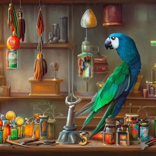 Image similar to Anthropomorphized parrot trader in his shop, selling his wares, portrait, items, items, magic potions, carpet, window, fancy hat, sly expression , cunning expression, cute expression, long thick shiny black beak, presenting wares, holding a bag, D&D, fantasy, cinematic lighting, highly detailed, digital painting, artstation, concept art, smooth, sharp focus, illustration, warm light, cozy warm tint, magic the gathering artwork, volumetric lighting, 8k, art by Akihiko Yoshida, Greg Rutkowski