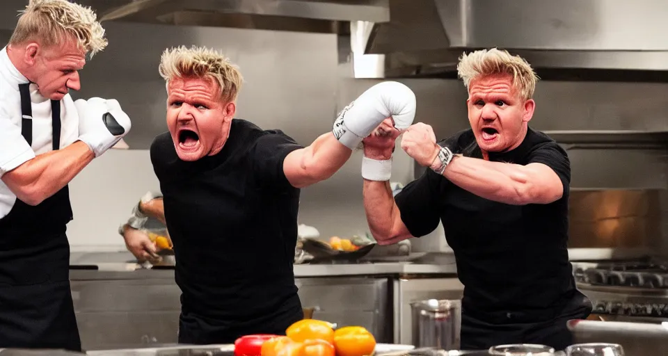 Image similar to photo of angry furious Gordon Ramsay punching Gordon Ramsay at the kitchen