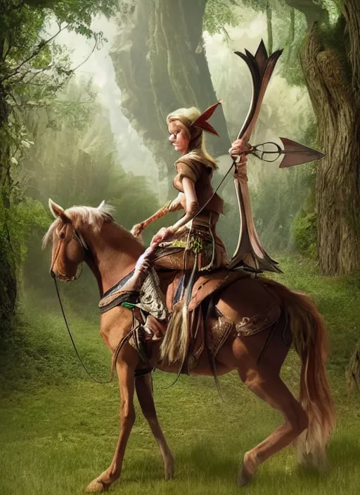 Image similar to an elf with a bow and arrow in her hand rides a horse through the woods. towards a village that is set in a cliff. mystical style