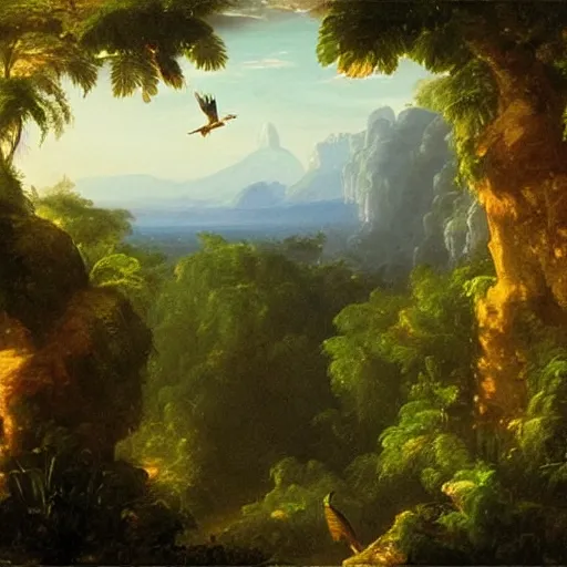 Image similar to gorgeous macaws flying at dawn in the distance through the forest, jungle mountains in the background, highly detailed, heavenly lighting, trending on art station, very detailed birds, painting by thomas cole