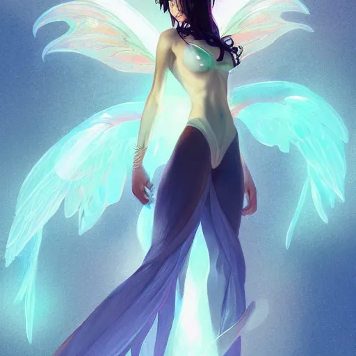 Prompt: full body view of a fairy with glowing wings, elegant, highly detailed, digital painting, artstation, concept art, sharp focus, illustration, strong brush stroke, anime, sharp focus, ghibli studio, art by ilya kuvshinov, rossdraws