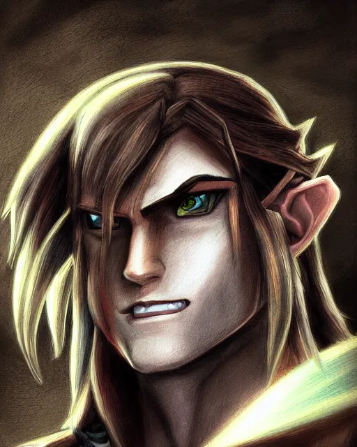 Prompt: A portrait of Link from Twilight Princess, digital art, illustration, concept art, heavy shading, colored, dramatic lighting