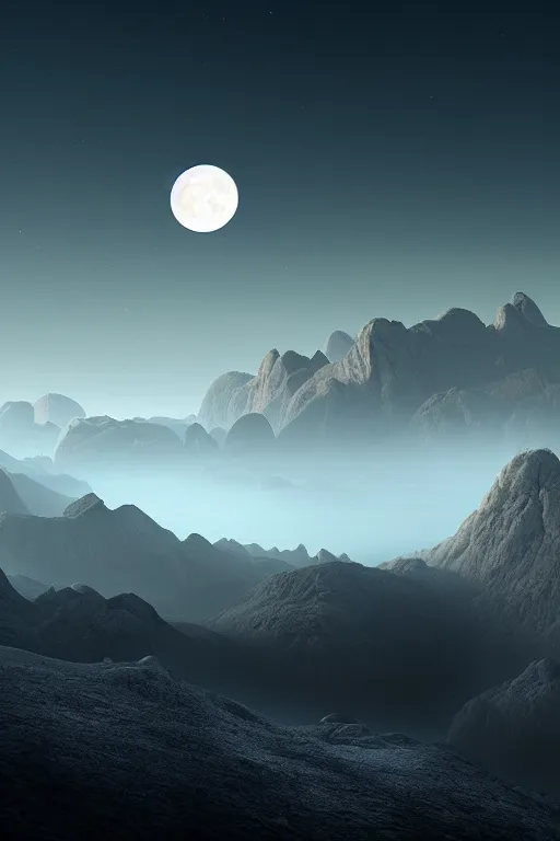 Prompt: a cgi landscape image with a moon and mountains, cinematic matte painting, extreme detail photo quality, dark moody colors, featured on behance