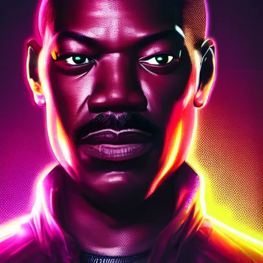 Prompt: eddie murphy portrait, Cyberpunk 2077, cyberpsycho, photorealistic, ultra detailed, neon, octane, bokeh, cyber, cyberpunk city, feature, scars, cyberface, 8k