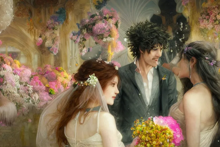 Image similar to the groom look at the bride at a wedding full of flowers, bright and happy, dreamlike art, highly detail, 4 k realistic, wedding photoy krenz cushart, artem demura, yoji shinkawa artgerm, jon lothian, danilo torres. adi meyers. thomas reimann. gaston bussiere.