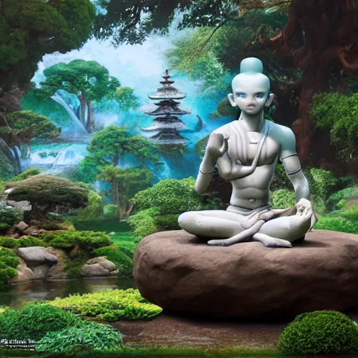 Image similar to marble statue of avatar aang meditating in a rococo japanese garden, cinematic shot, dramatic, oil painting by jama jurabaev, extremely detailed, brush hard, artstation, for aaa game, high quality, brush stroke