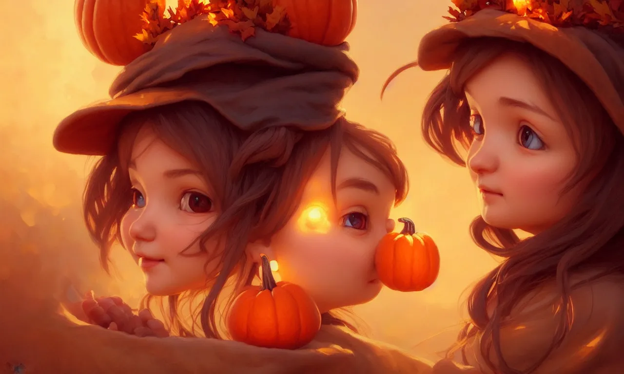 Image similar to hand drawn cute one gnomes face in autumn and pumpkin, detailed closeup face, concept art, low angle, high detail, warm lighting, volumetric, godrays, vivid, beautiful, trending on artstation, art by artgerm and greg rutkowski and alphonse mucha