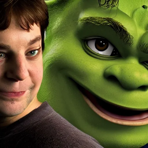 Image similar to tobey maguire as shrek, dreamworks, photography, movie,