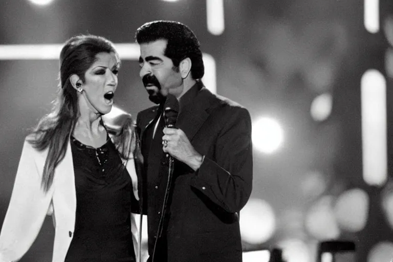 Image similar to saddam hussein singing a duet with celine dion on stage during a episode of the voice - g