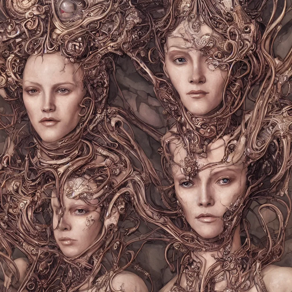 Prompt: a stunning art nouveau bust portrait of a beautiful and complex alien queen with strong confident eyes and a playful smile, sensual frontal declotage, perfect symmetrical facial features, extremely hyperdetailed, mixed media painting, unreal engine, 8 k, octane, 8 mm, by travis charest, chris achilleos and olivia de bernardinis