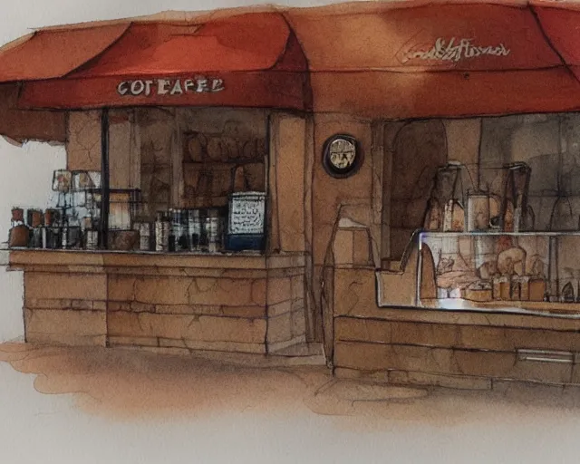 Image similar to a coffee shop smooth light color watercolor pen by dziuba evgeniya trending on artstation