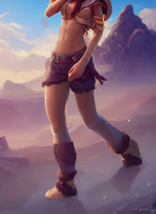 Prompt: youthful taliyah, from league of legends, au naturel, with abs, rock surfer, hyper detailed, mountain background, digital art, trending in artstation, cinematic lighting, studio quality, smooth render, unreal engine 5 rendered, octane rendered, art style by klimt and nixeu and ian sprigger and wlop and krenz cushart