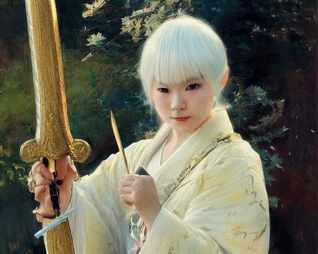 Prompt: a young japanese princess lady with white hair and bangs!!!!, posing with a sword, white hair highly detailed painting by gaston bussiere, craig mullins, j. c. leyendecker 8 k