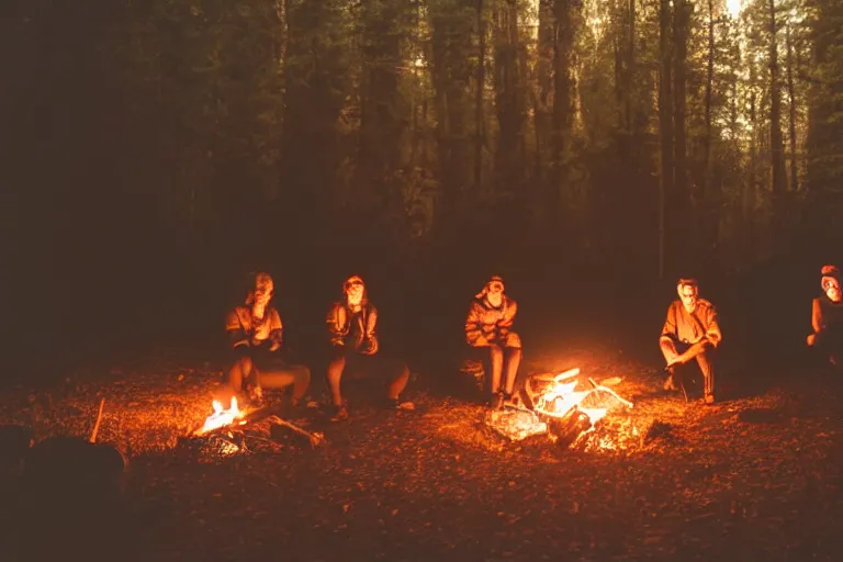 Image similar to people around a campfire, night in a dark forest, cinematic lighting, low angle photography, wide shot, hyperrealistic, 8k