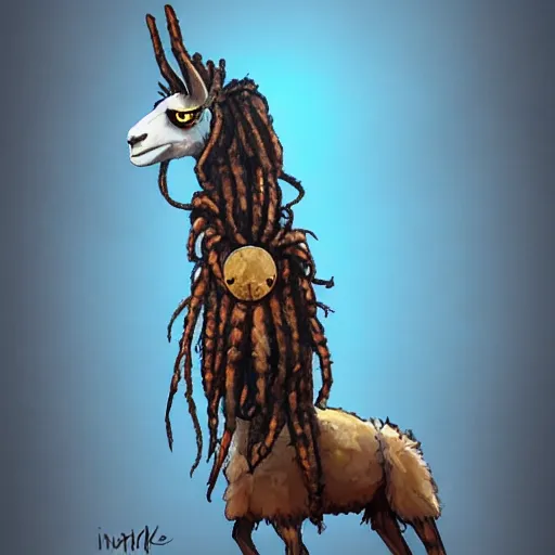 Image similar to llama with dreadlocks, realistic creature concept, heroic pose, by Ian McQue, 4k, artstation