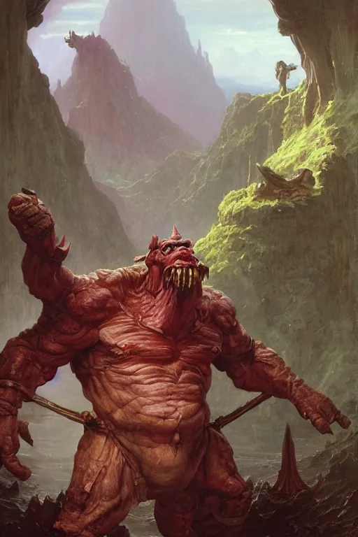 Image similar to a dnd ogre, realistic oil painting by Thomas Cole and Wayne Barlowe
