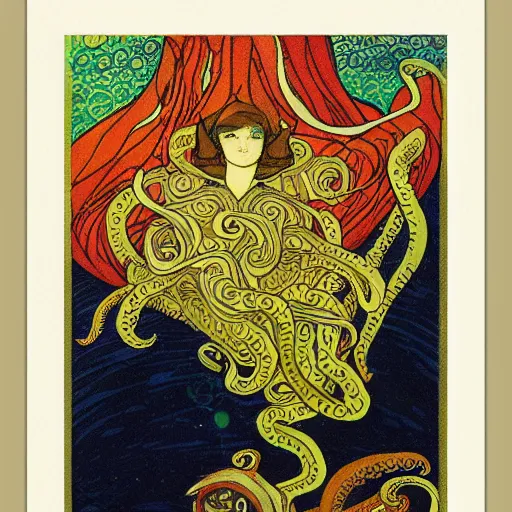 Image similar to ivan bilibin and edmund dulac and ilya kuvshinov inspired print of octopus