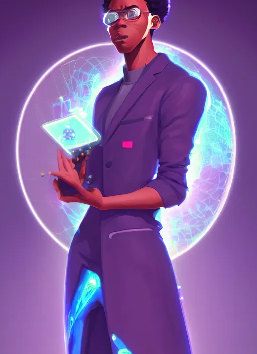 Prompt: afro - futurist scientist ( male, masculine ) in a lab studying holographic schematics + medium length shot | hyperrealistic digital painting by makoto shinkai, ilya kuvshinov, lois van baarle, rossdraws | afrofuturism in the style of hearthstone and overwatch, trending on artstation | purple palette and complimentary colors