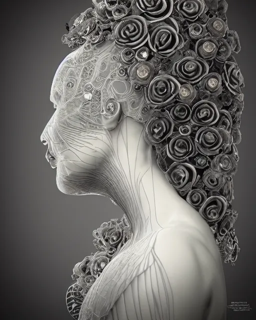 Image similar to mythical dreamy black and white organic bio - mechanical spinal ribbed profile face portrait detail of translucent steampunk beautiful female angelic - human - queen - vegetal - cyborg, highly detailed, intricate crystal ivy jelly ornate, poetic, translucent roses ornate, 3 d render, digital art, octane render, 8 k artistic photography, photo - realistic, by dora maar