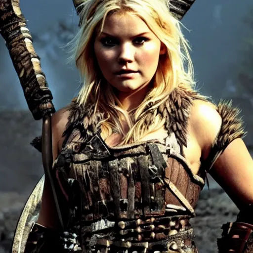 Image similar to elisha cuthbert as a barbarian warrior in a dystopian future battleground