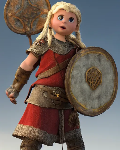 Image similar to a toy of a viking girl with her shield raised to defend, pixar style, authentic viking armor, historically accurate, clean detail, symmetrical, octane render, studio lighting