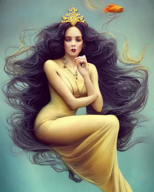 Image similar to a beautiful goldfish woman, pinup pose, long hair, tall and thin, wearing dozens of pendants and a gown of gold, small delicate crown of the sea on her head, illustration, symmetry accurate features, volumetric light clouds, ultra realist soft painting, (art nouveau), octane render, 8k, HD, by Tom Bagshaw, Brom, Charlie Bowater, faces by otto schmidt