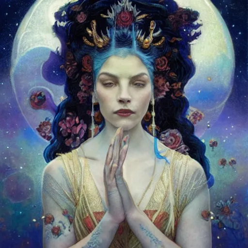 Image similar to queen of the moon with stars in her hair, by tino rodriguez and annie swynnerton and nicholas roerich and jean delville and donato giancola and tom bagshaw and evelyn demorgan, dramatic lighting, floral tattoos, rich colors, smooth sharp focus, extremely detailed, adolf wolfli