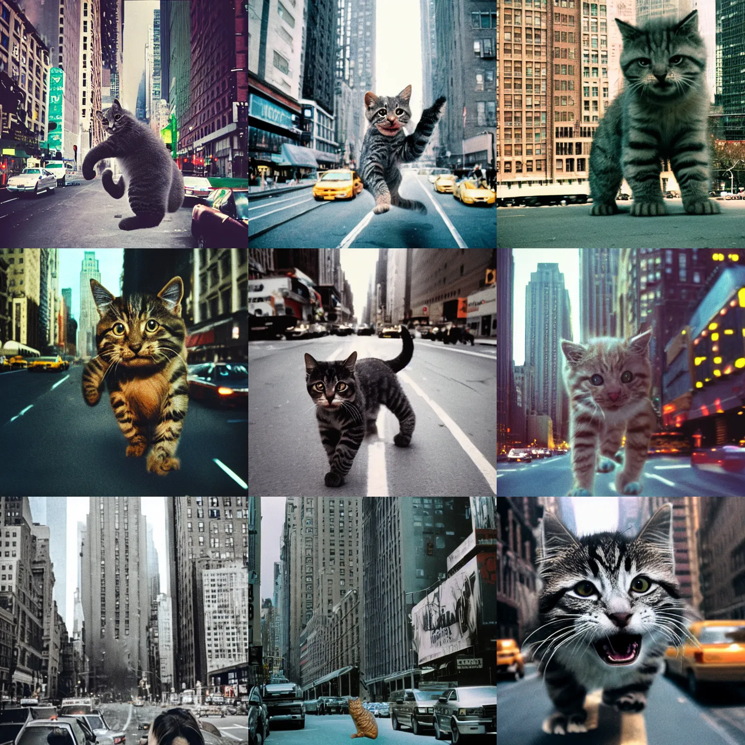 Prompt: cinestill of a giant kitten rampaging through nyc like godzilla