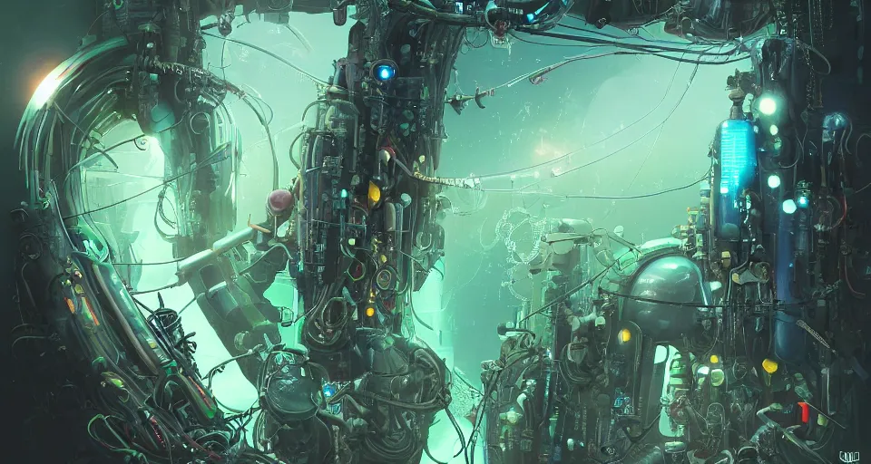 Image similar to bioluminescent cyberpunk siphonophore, deep sea diver, extreme light, cyberpunk atlantis, mechanical, deep ocean, robotic, mariana trench, sun rays, midnight zone, bubbles, hyper realistic, hyper detailed, digital art, trending in artstation, studio quality, photorealistic, photo, by jesper ejsing, wlop, paul lehr