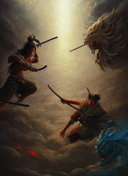 Image similar to a samurai fighting an oni, in the style of tomasz alen kopera and fenghua zhong and peter mohrbacher, mystical colors, rim light, beautiful lighting, 8 k, stunning scene, raytracing, octane, trending on artstation