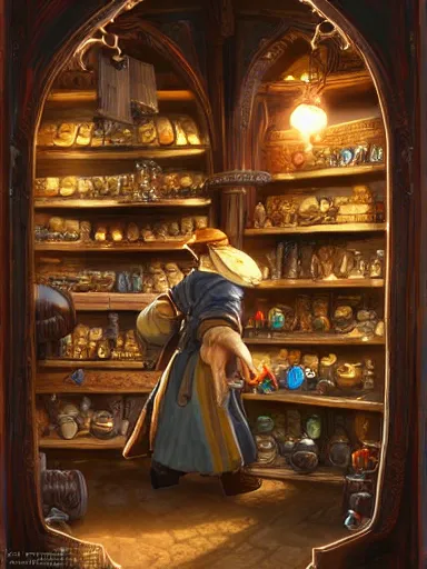 Prompt: a merchant looking for an item in a really messy shelf, full of different trinkets. intricate, elegant, highly detailed, digital painting, artstation, concept art, sharp focus, illustration, by justin gerard and artgerm, 8 k