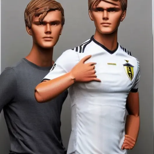 Image similar to a realistic detailed photo of a guy who is an attractive humanoid who is half robot and half humanoid, who is a male android, soccer player martin ødegaard, shiny skin, posing like a statue, blank stare, in a living room, on display, showing off his muscles, with a twin