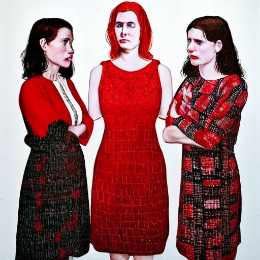 Prompt: two sisters look into the mirror, one blonde and one brunette, white and red dresses, Chuck close