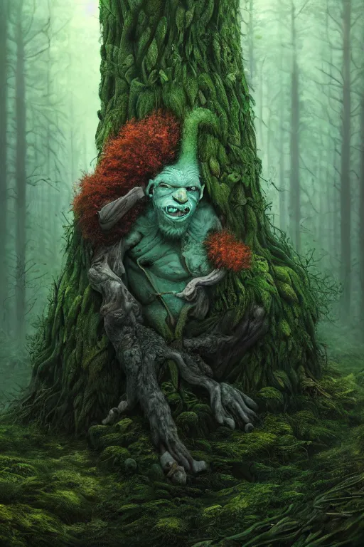 Prompt: a beautiful hyperrealistic painting of a forest troll by Anato Finnstark, Anton Semenov, gigantic, octane render, brilliantly coloured, intricate, ultra wide angle, trending on artstation, dusk, volumetric lighting, polished, micro details, ray tracing, 8k