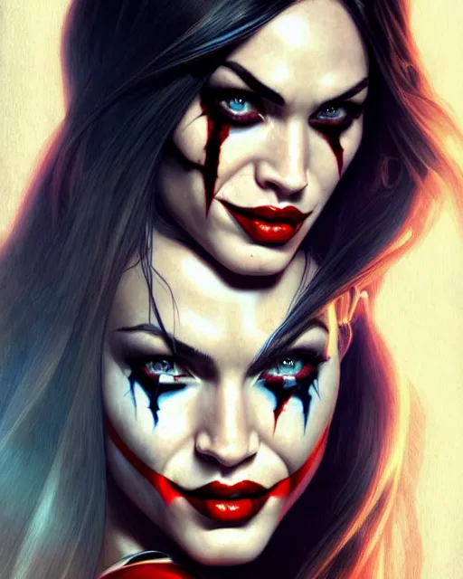 Image similar to portrait of megan fox as harley quinn, dc, comics, joker, intricate, headshot, highly detailed, digital painting, artstation, concept art, sharp focus, cinematic lighting, illustration, art by artgerm and greg rutkowski, alphonse mucha, cgsociety