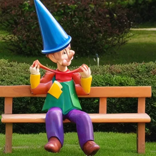 Prompt: pinocchio stuck on a bench with the long nose