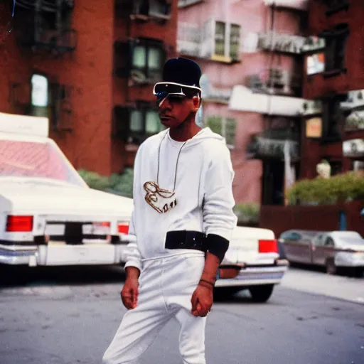 Prompt: 1985 the Bronx in New York. A photographic portrait of a tough rapper wearing a white jogging and white Adidas sneakers and a lot of gold necklace and a white sun hat and holding a gun and a getthoblaster. Gang vibes. Kodachrome. High quality press photography. A bit out of focus. 120mm. Washed out colors. Picture taken in the street of the Bronx. Summer day