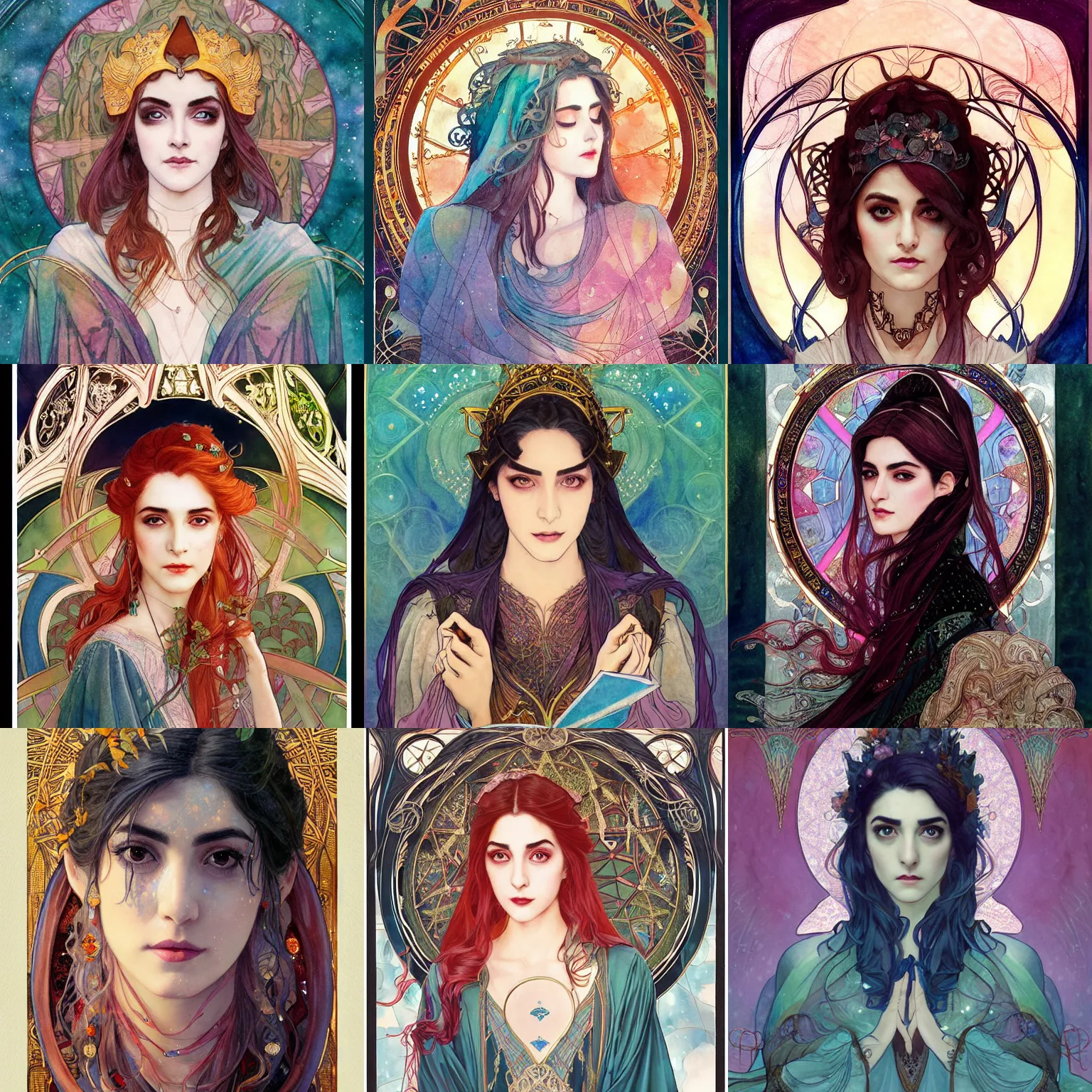 Prompt: masterpiece head-on symmetrical centered painted portrait, Maya Ali as D&D sorcerer, watercolour Art Nouveau artwork, wearing wizard robes, delicate, elegant, tarot card background, in the style of ROSSDRAWS and Ruan Jia and Ross Tran and Alphonse Mucha and Ayami Kojima and Charlie Bowater and Karol Bak and Jean Delville, rich bright colours