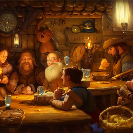 Prompt: an adventure party resting in a tavern, oil painting by justin gerard, deviantart