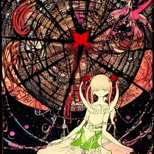 Prompt: madoka magica, artwork by Harry Clarke, magical girl looking at a cityscape