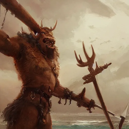 Image similar to anthropomorphic moose barbarian humanoid by greg rutkowski, pirate ship, sea, fantasy