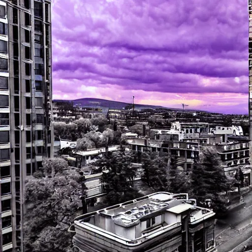 Image similar to <photograph accurate=true quality=very-high>looking out the window at a busy city street</photograph><augment>purple sky</augment>