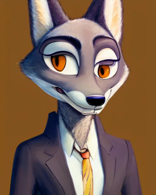 Image similar to oil painting of anthromorphic female wolf, in style of zootopia, zootopia, zootopia, fursona, furry, furaffinity, 4 k, deviantart, furry art, fursona art, wearing black business suit, business suit, in style of zootopia, wolf fursona, cyberpunk, female, very very very expressive detailed feminine face,