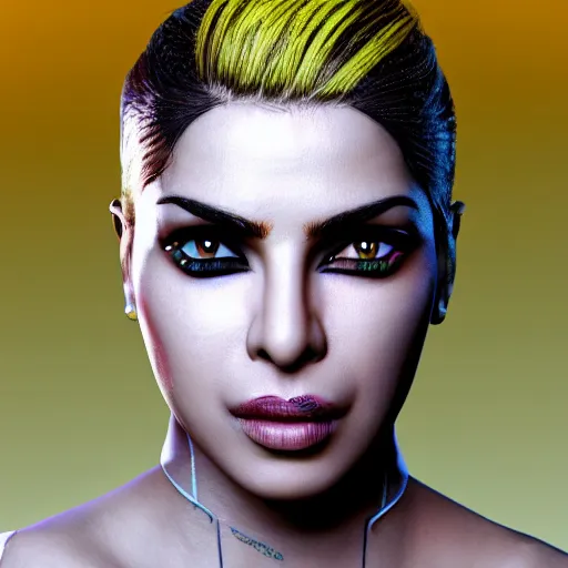 Image similar to Priyanka Chopra, neon face tattoo, cyberpunk background, straight hairstyle, white eyes, blonde hair, realistic render, short hair, unreal engine render, Icaro Carvalho