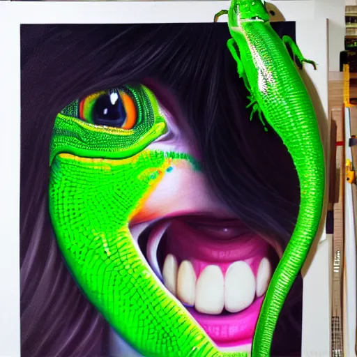 Image similar to zoey deschanel as a smiling laughing bright green lizard person, airbrush painting, hyper detailed, 8 k, photorealism, rule of thirds,.