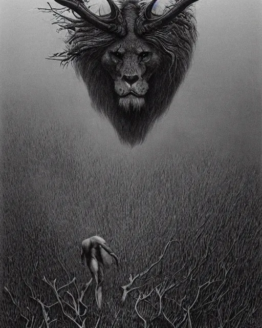 Image similar to a creature with the body and eyes of a man, with the beak of an eagle, the mane of a lion, and the antlers of a bull. drawn by moebius and zdzislaw beksinski